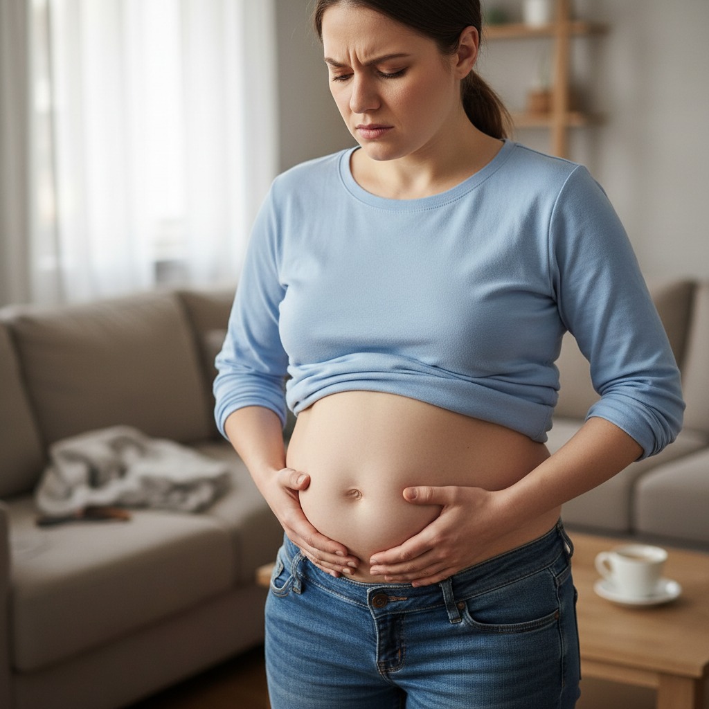 Mulher grávida com expressão de dor no rosto, segurando a barriga com as duas mãos em uma sala de estar.