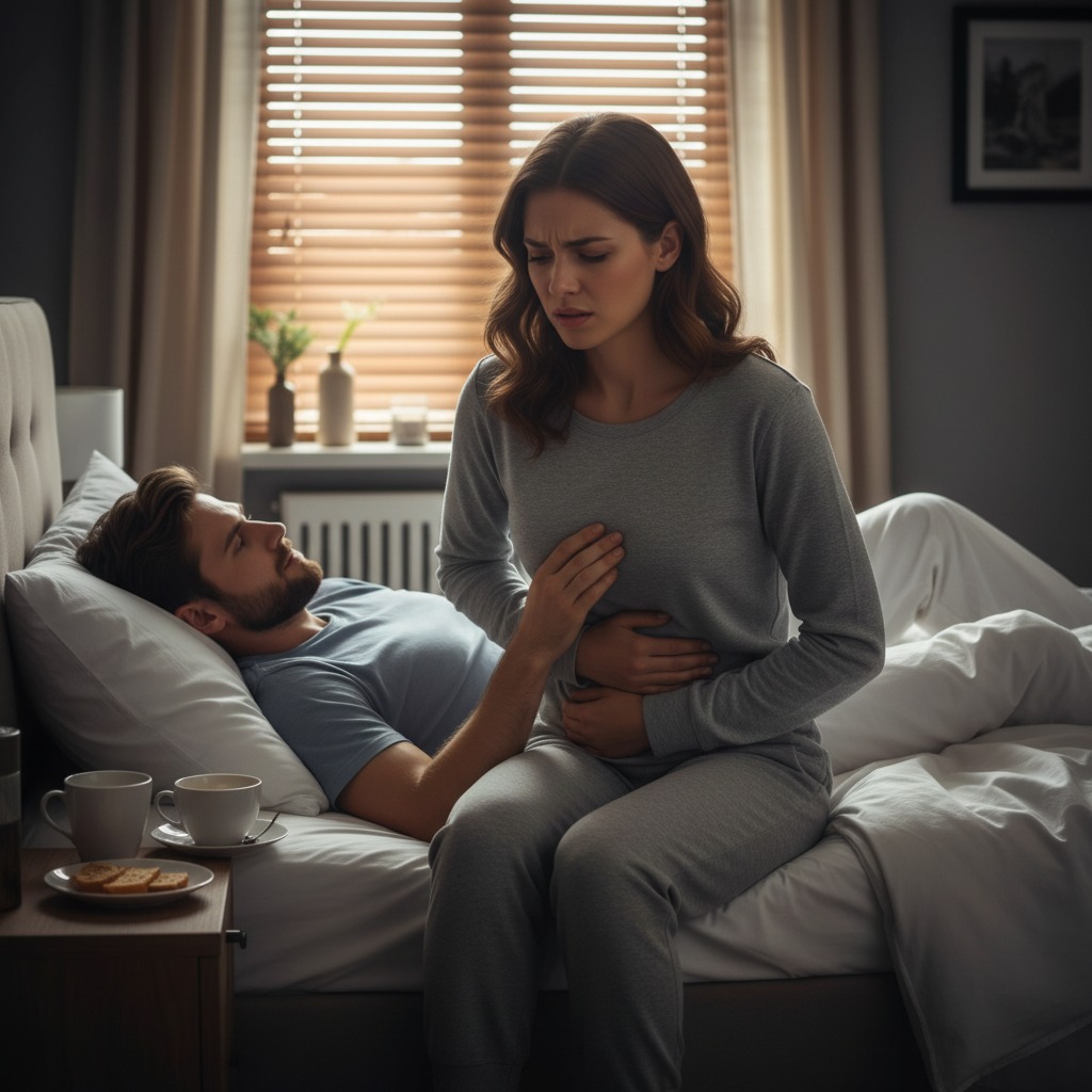 Uma mulher sentada na borda da cama com as mãos na barriga, sentindo dor, enquanto o homem deitado ao lado a olha preocupado.