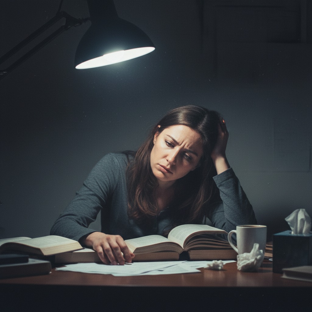 Uma mulher cansada está sentada à mesa em um escritório escuro, apoiando a cabeça na mão enquanto estuda sob a luz de uma luminária.
