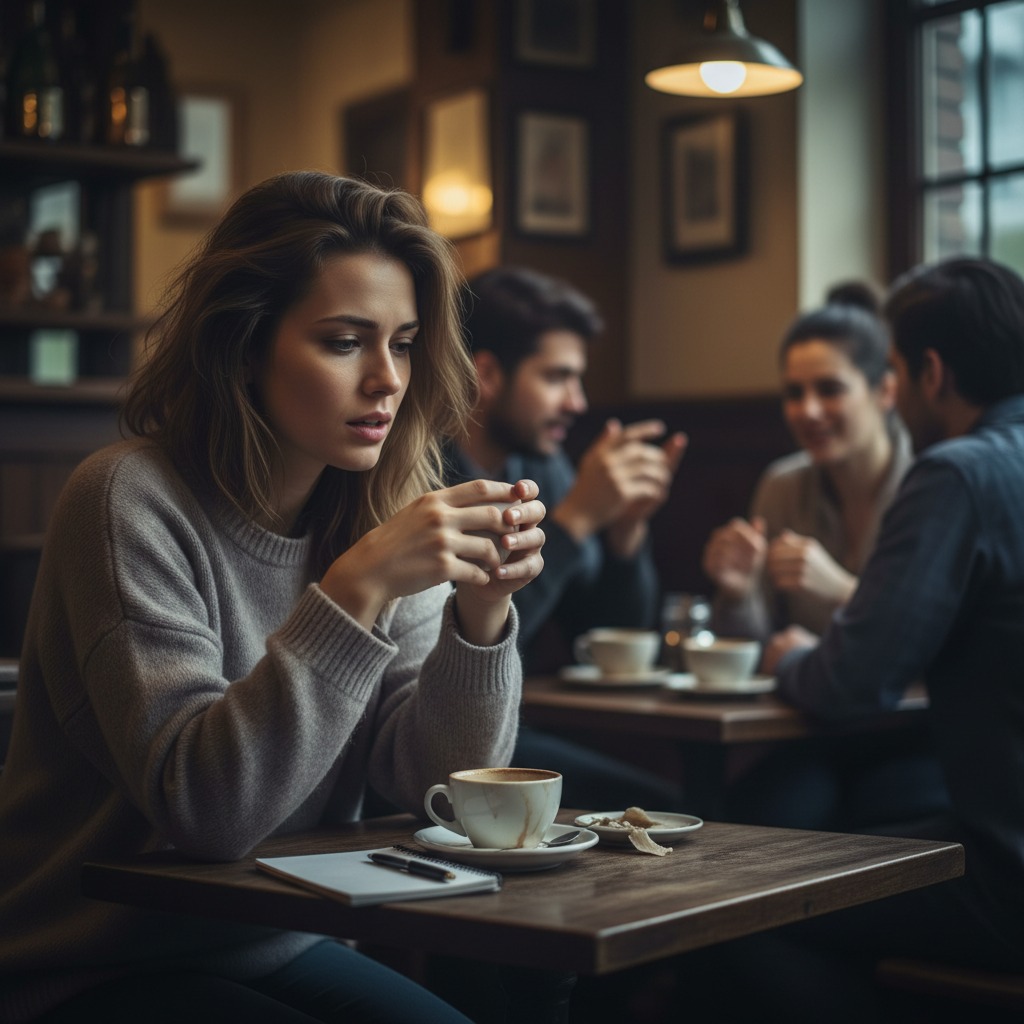Uma mulher de suéter cinza está sentada sozinha em uma mesa de cafeteria, segurando uma xícara de café enquanto olha para baixo com uma expressão séria.
